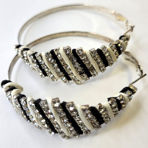Black and White Hoop Earrings With Crystals - Picture 2 of 7